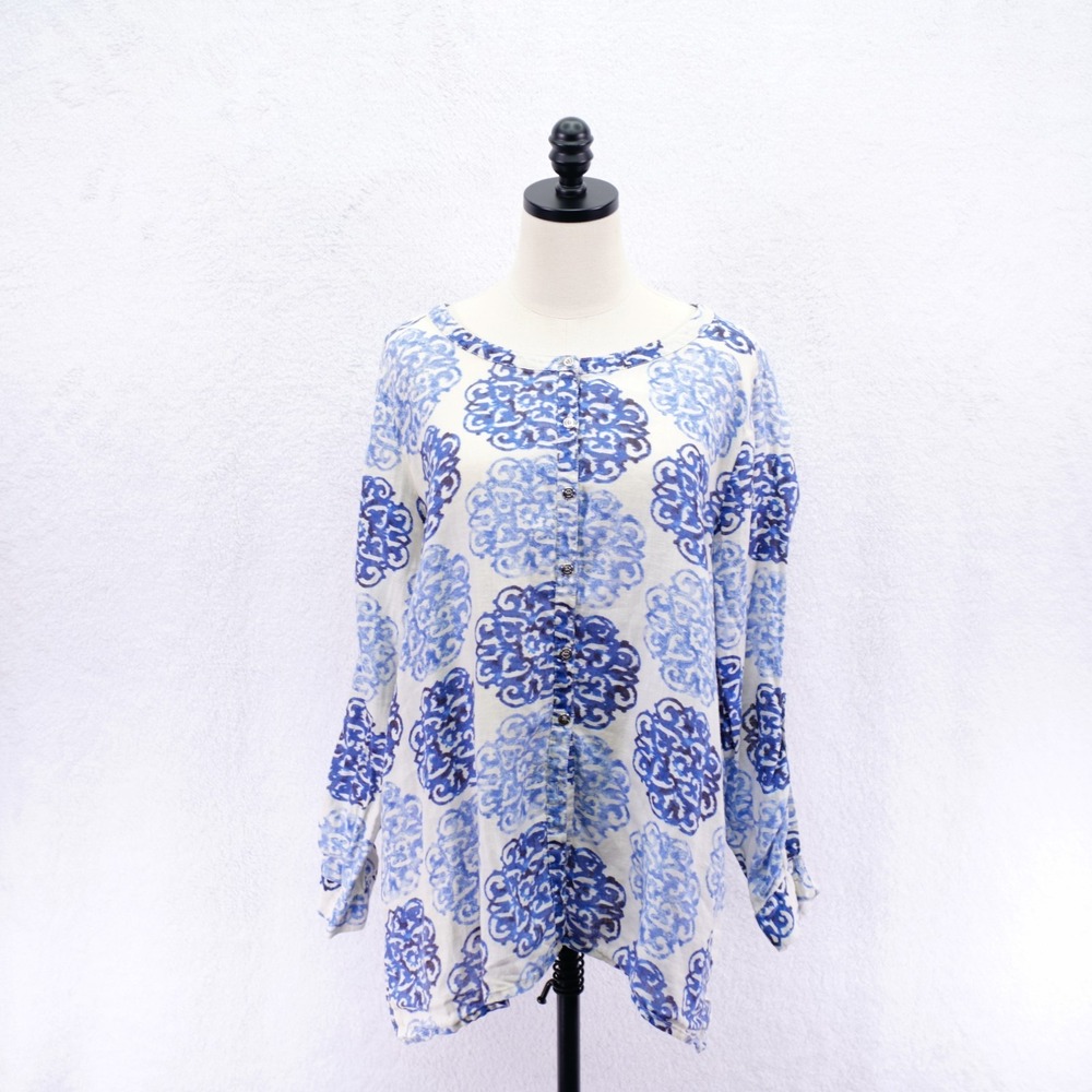 JM Collection -16- 100% Linen Roll Tab Blue White Floral Button Up Blouse Top